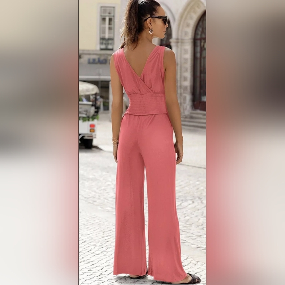 NWT Victoria’s Secret Lascana Coral Wide Leg Tie Shoulder V-Neck Jumpsuit Size 4 - Picture 5 of 5